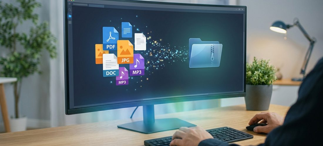 Illustration montrant divers fichiers compressés dans un dossier ZIP sur un écran d'ordinateur.