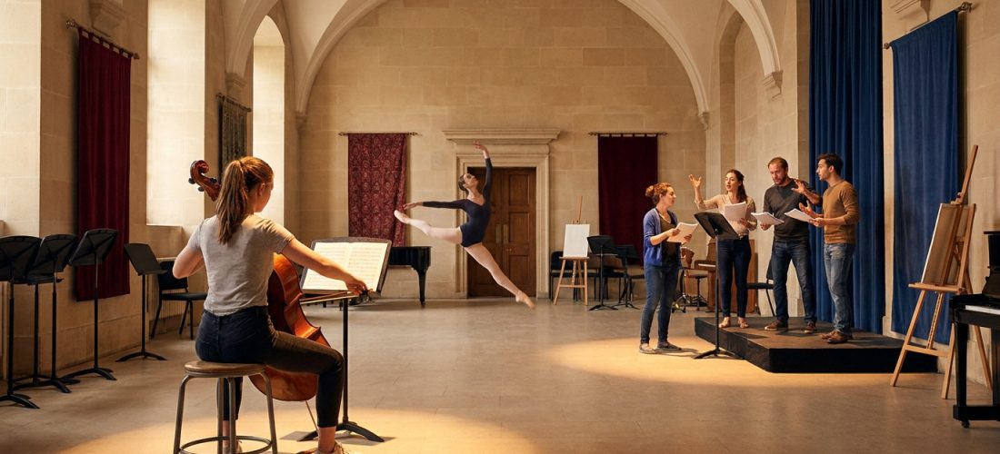 Élèves musiciens, danseuse et chanteurs répétant dans une salle de répétition au Conservatoire de Lyon.