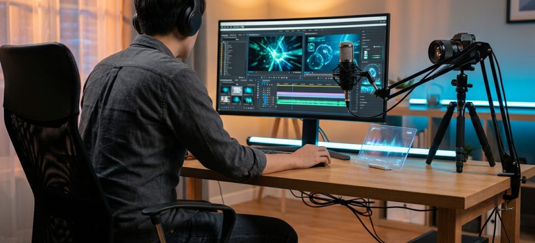 Un créateur de contenu travaille sur le montage d'une vidéo sur son ordinateur, avec un micro et une caméra sur son bureau.