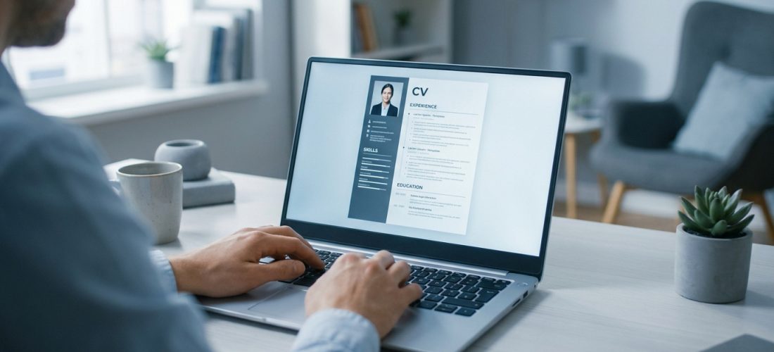 Une personne travaillant sur un ordinateur portable affichant un modèle de CV professionnel.
