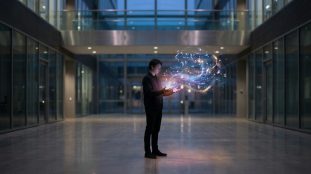 Un homme debout dans un hall moderne fait léviter une projection holographique lumineuse et abstraite entre ses mains.