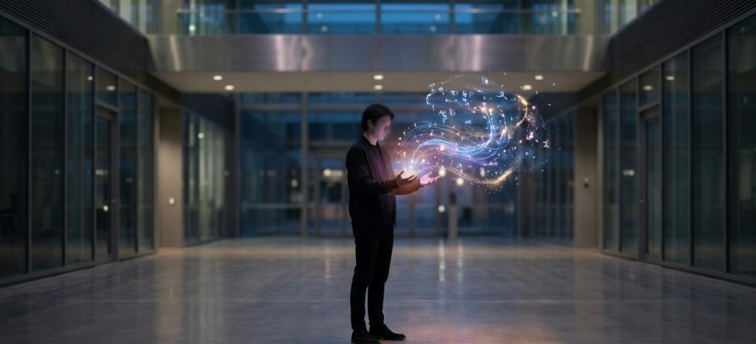 Un homme debout dans un hall moderne fait léviter une projection holographique lumineuse et abstraite entre ses mains.