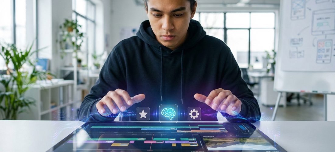 Un jeune homme utilise une tablette futuriste pour monter une vidéo CapCut, avec des icônes holographiques d'IA et d'outils.