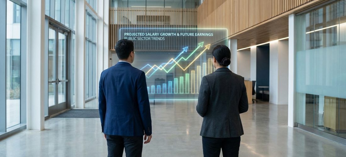 Deux cadres regardant une projection holographique des tendances salariales du secteur public, croissance future.