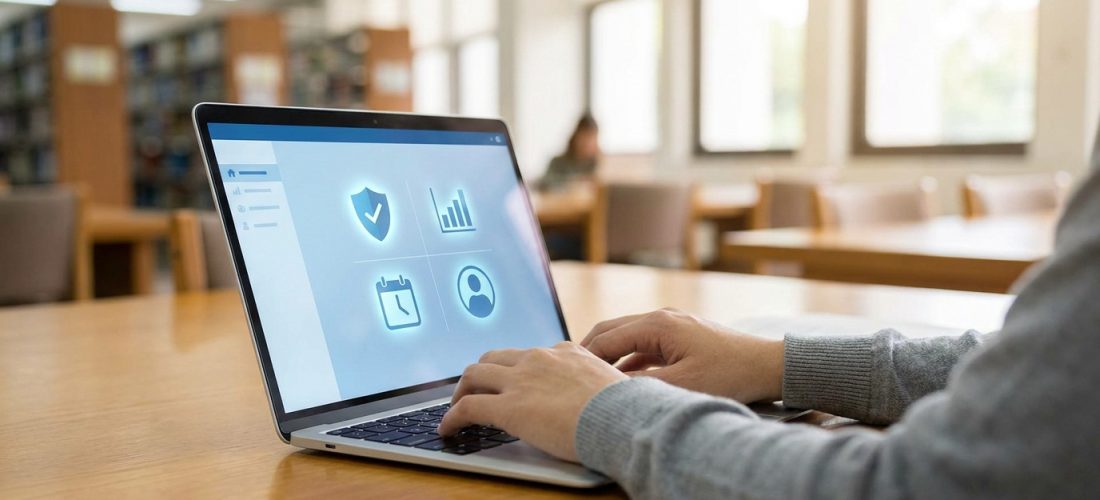 Personne utilisant un ordinateur portable dans une bibliothèque avec une interface de gestion de compte à l'écran.