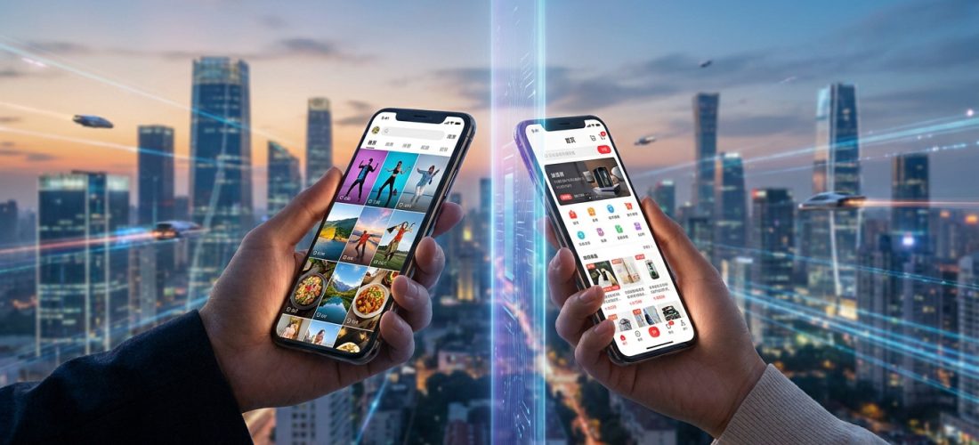 Deux mains tiennent des smartphones. L'un affiche des vidéos, l'autre des produits e-commerce. Un faisceau lumineux les relie dans une ville futuriste avec des véhicules volants.