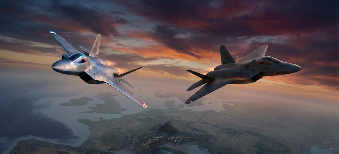 Deux avions de combat furtifs survolent l'Europe au coucher du soleil, illustrant le projet d'avion européen.