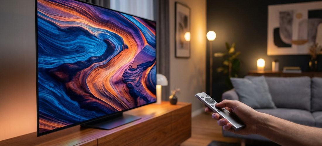 Main tenant une télécommande devant une télévision moderne affichant une image abstraite colorée dans un salon.