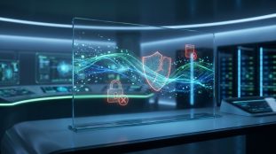 Écran holographique montrant un bouclier cassé, un cadenas déverrouillé et des données fluides, symbolisant une brèche de sécurité.