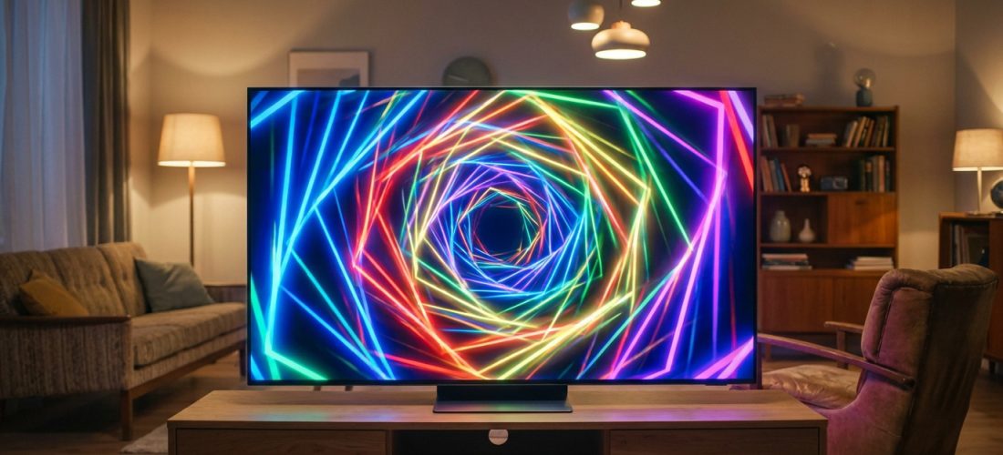 Un grand écran de télévision affiche un tunnel psychédélique aux néons multicolores dans un salon chaleureux.