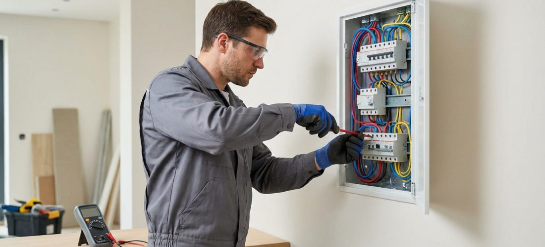 Un électricien en tenue de travail, lunettes de sécurité et gants, raccordant un tableau électrique avec un tournevis.
