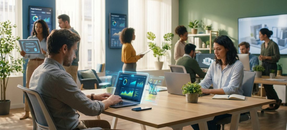 Professionnels divers travaillant dans un bureau moderne avec technologie avancée. Un homme utilise un laptop avec données holographiques; une femme brandit un certificat.