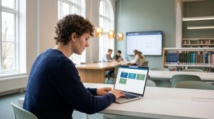 Un étudiant travaille sur son ordinateur portable dans une bibliothèque universitaire moderne.