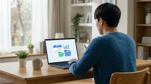 Vue de dos d'une personne utilisant un ordinateur portable. L'écran affiche un calendrier, des graphiques et des dossiers pour la gestion de formation.