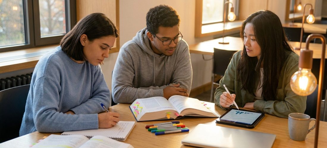 Trois étudiants travaillant ensemble autour d'une table avec des livres, une tablette et des fournitures scolaires.