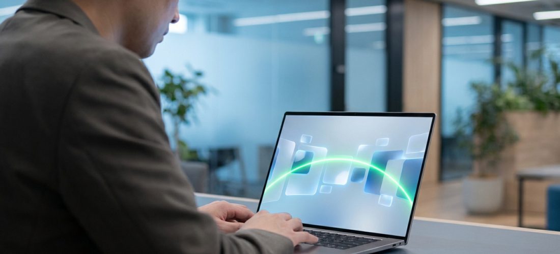 Vue de dos d'un homme tapant sur un laptop avec un écran lumineux montrant des éléments graphiques connectés, dans un bureau moderne.