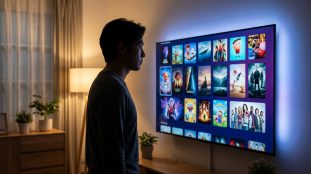 Un homme de profil face à un grand écran TV affichant un menu de streaming avec des vignettes de films. Lumière d'ambiance.