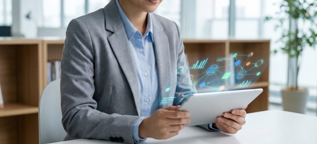 Femme d'affaires en blazer gris utilisant une tablette avec des projections holographiques de graphiques et réseaux de données, en milieu de bureau.