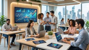 Groupe diversifié d'étudiants ou professionnels travaillant sur des ordinateurs portables dans un espace moderne. Grand écran affiche des graphiques de données.