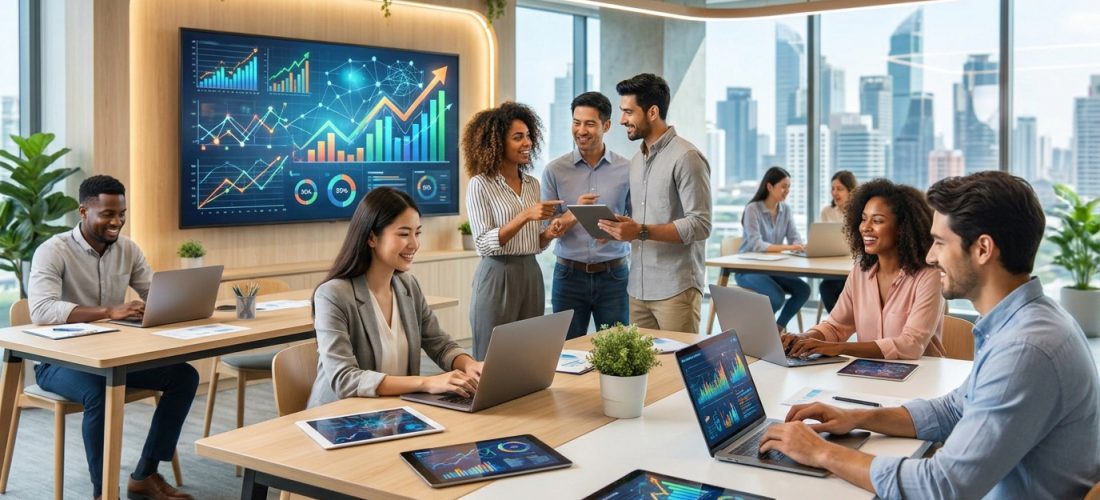 Groupe diversifié d'étudiants ou professionnels travaillant sur des ordinateurs portables dans un espace moderne. Grand écran affiche des graphiques de données.