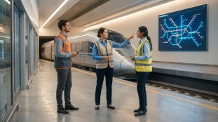 Trois agents SNCF en gilet de sécurité discutent sur un quai de gare devant un train et une carte du réseau ferroviaire.
