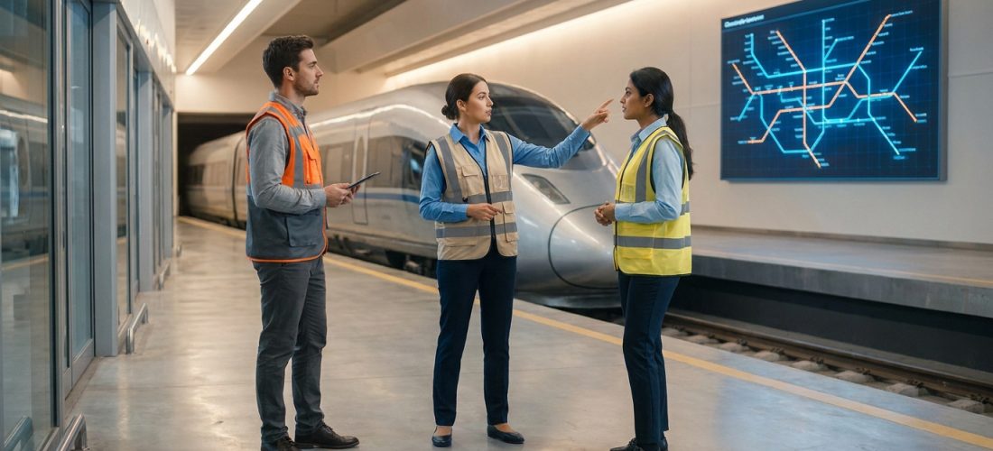 Trois agents SNCF en gilet de sécurité discutent sur un quai de gare devant un train et une carte du réseau ferroviaire.