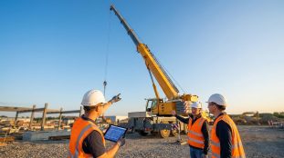 Trois professionnels du bâtiment en gilet et casque de sécurité analysant un chantier avec une grue mobile.