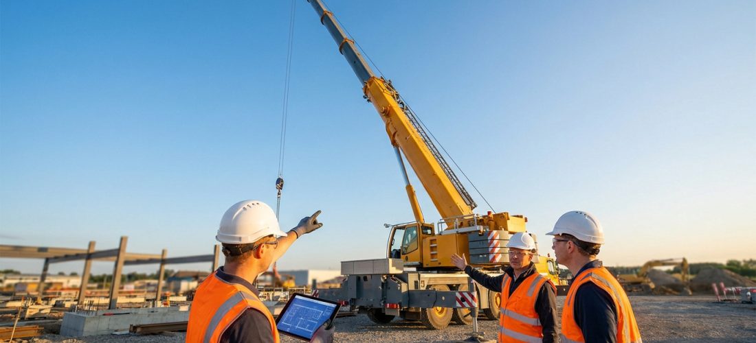 Trois professionnels du bâtiment en gilet et casque de sécurité analysant un chantier avec une grue mobile.