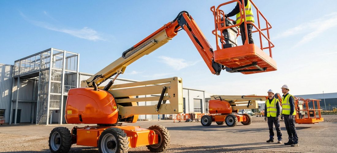 Opérateurs en formation sur nacelle élévatrice (CACES R486) : un homme dans la plateforme, deux au sol, en équipement de sécurité.