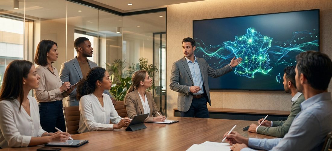 Réunion d'affaires : un présentateur montre une carte numérique maillée de la France sur grand écran à des collaborateurs attentifs.