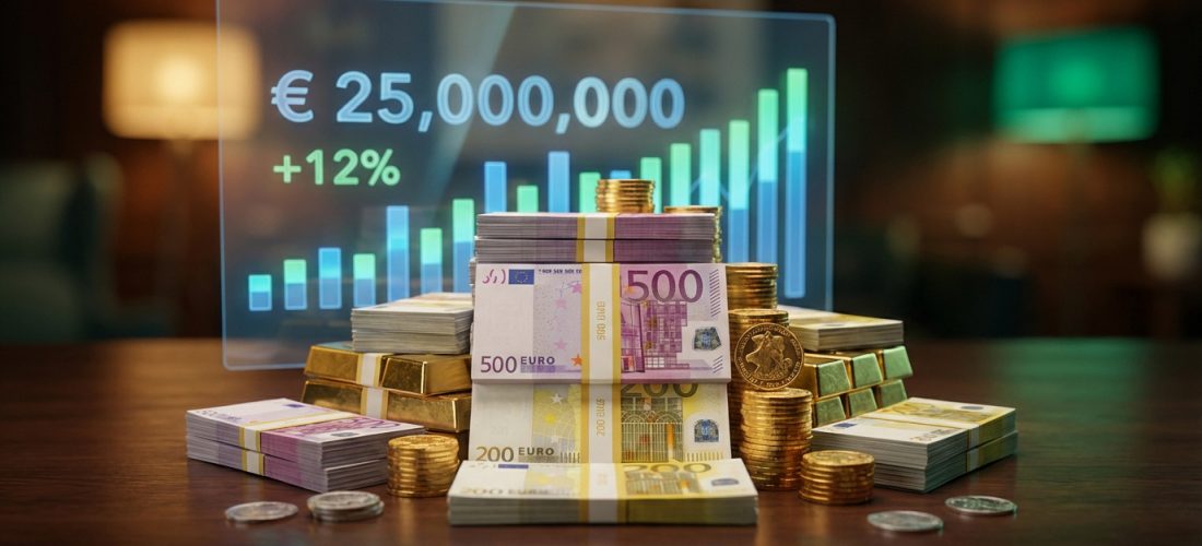 Piles de billets en euros, lingots d'or, pièces d'or et écran affichant "€ 25,000,000" et "+12%" avec un graphique de croissance.