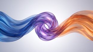 Rubans fluides bleus et orange s'entremêlant pour former une spirale violette centrale sur fond clair.