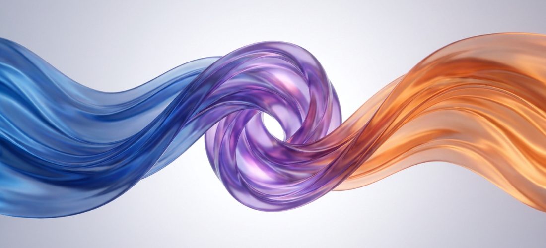 Rubans fluides bleus et orange s'entremêlant pour former une spirale violette centrale sur fond clair.