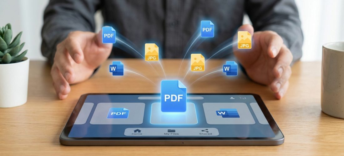 Une personne gère divers fichiers (PDF, JPG, Word) qui convergent vers un PDF central sur une tablette, symbolisant la fusion.