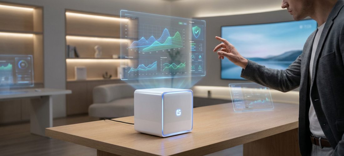 Un homme interagit avec une interface holographique projetée au-dessus d'un boîtier blanc minimaliste dans un bureau moderne.