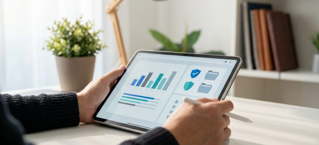 Une personne utilise une tablette affichant des graphiques et des icônes de sécurité dans un bureau lumineux.