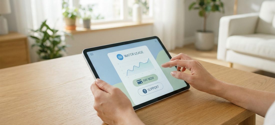 Gros plan sur des mains tenant une tablette affichant l'écran 'WATER USAGE' avec un graphique et les boutons 'PAY NOW' et 'SUPPORT', dans un intérieur lumineux.