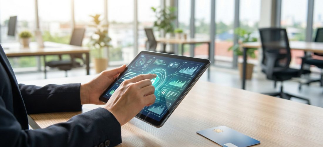 Personne gérant ses finances pro sur tablette dans un bureau moderne, affichant des données et sécurité. Une carte bancaire sur le bureau.