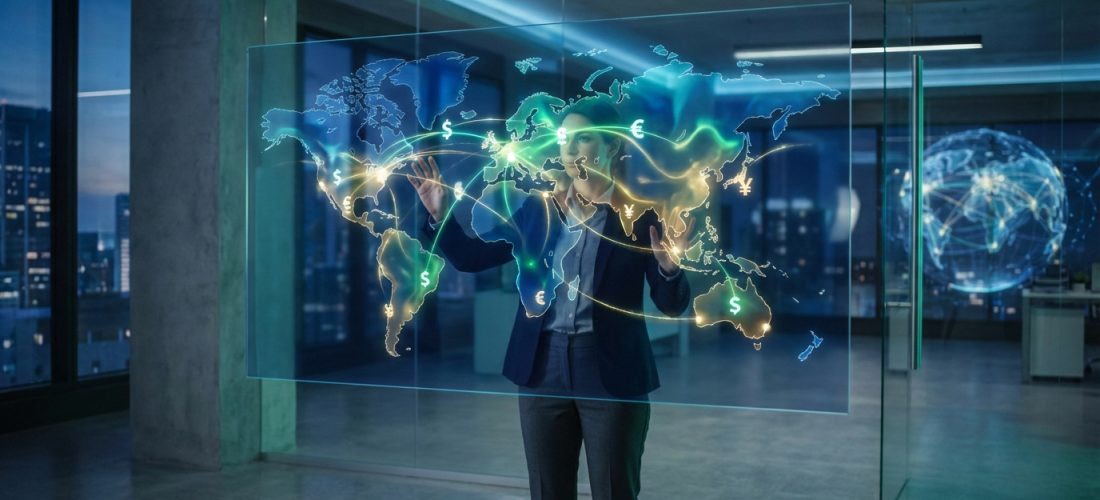 Femme interagit avec une carte du monde holographique affichant les flux financiers et symboles de devises mondiales.