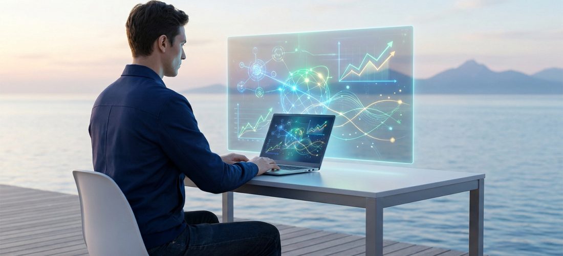Un homme travaillant sur un ordinateur portable avec une interface holographique de données face à la mer.