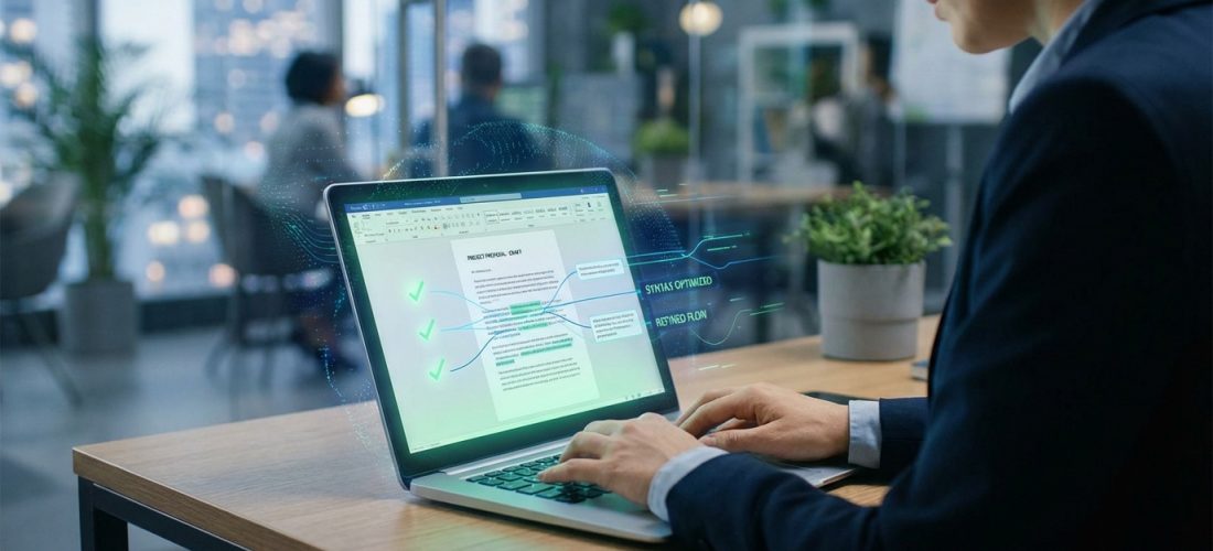 Professionnel corrigeant un document sur un laptop avec IA, montrant des suggestions de syntaxe et de flux optimisés.