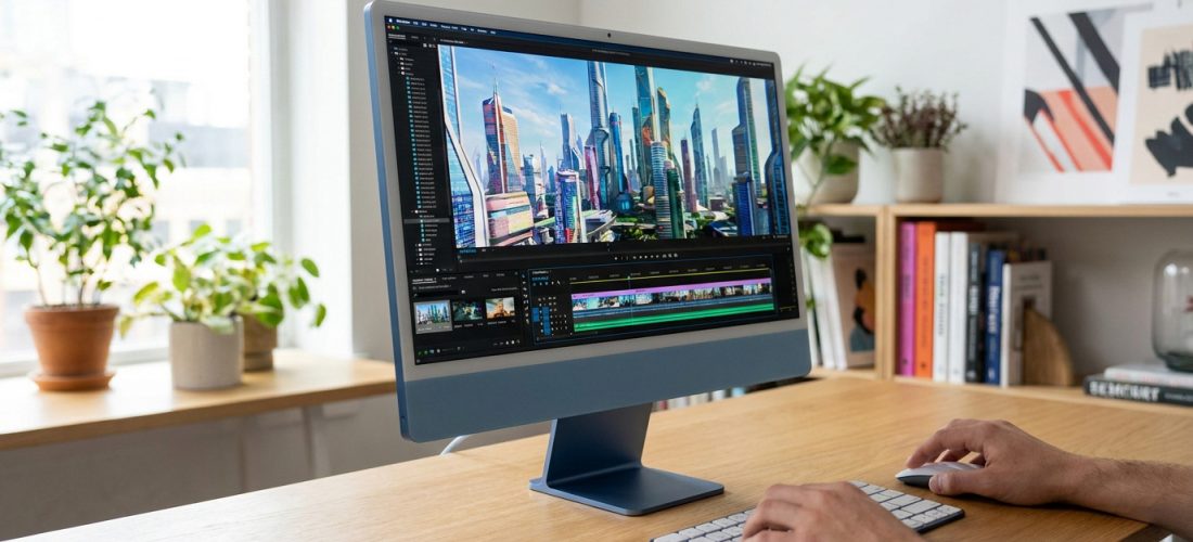 iMac 24 pouces bleu posé sur un bureau en bois, utilisé par une personne pour du montage vidéo professionnel.