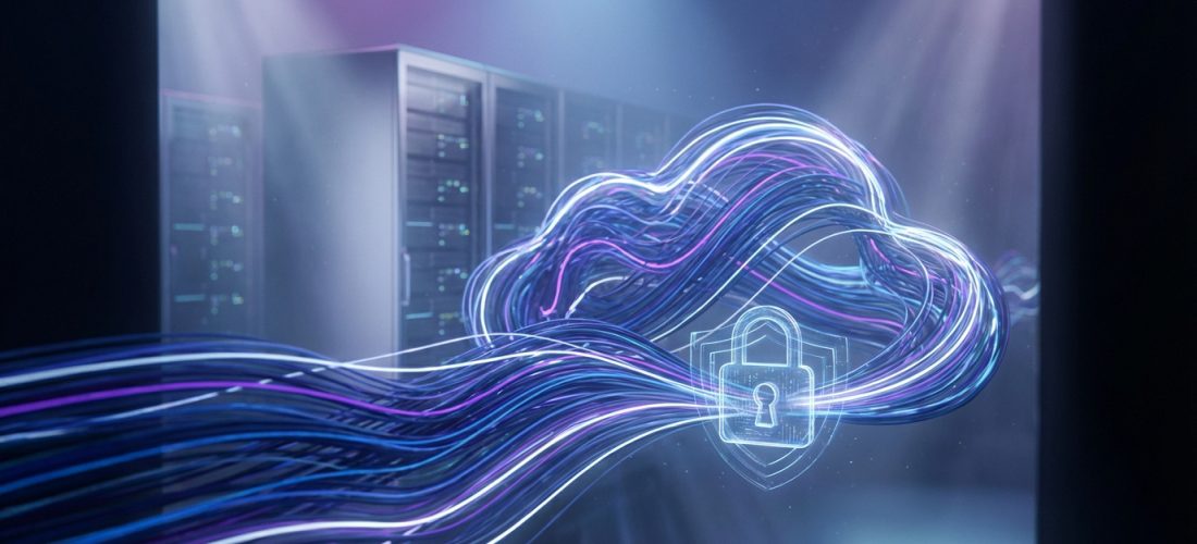 Illustration 3D de données sécurisées dans le cloud, avec un cadenas et des serveurs en arrière-plan, symbolisant l'hébergement OVHcloud.