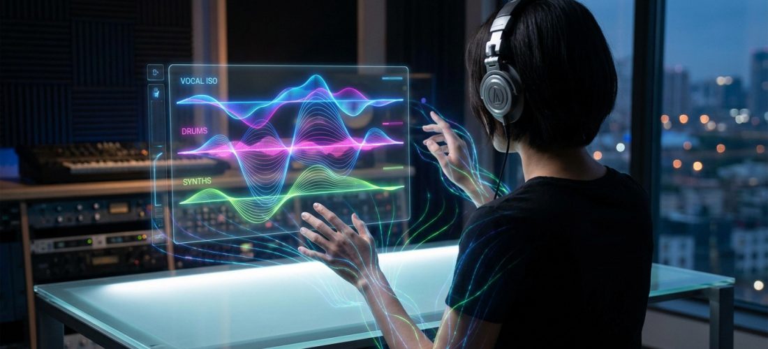 Une personne utilisant une interface holographique pour éditer des pistes audio dans un studio professionnel.