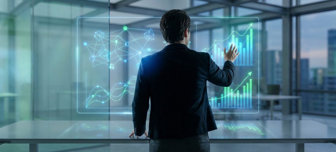 Un homme en costume interagit avec un écran transparent futuriste affichant des graphiques de croissance, des données et un réseau neuronal, dans un bureau moderne.