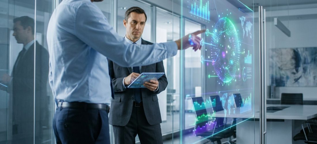 Deux professionnels en costume analysent des données numériques interactives projetées sur une paroi en verre.