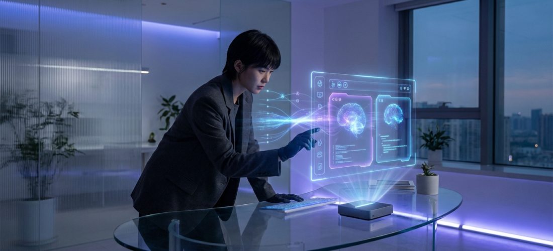 Personne interagit avec une interface holographique futuriste affichant des données cérébrales et du code dans un bureau high-tech.
