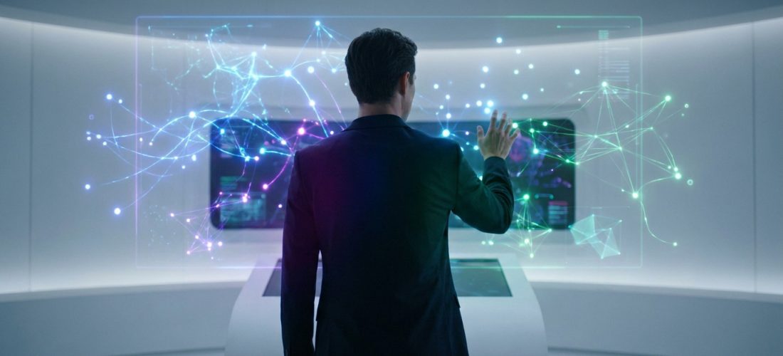 Un homme en costume interagit avec une interface holographique futuriste représentant un réseau neuronal complexe.
