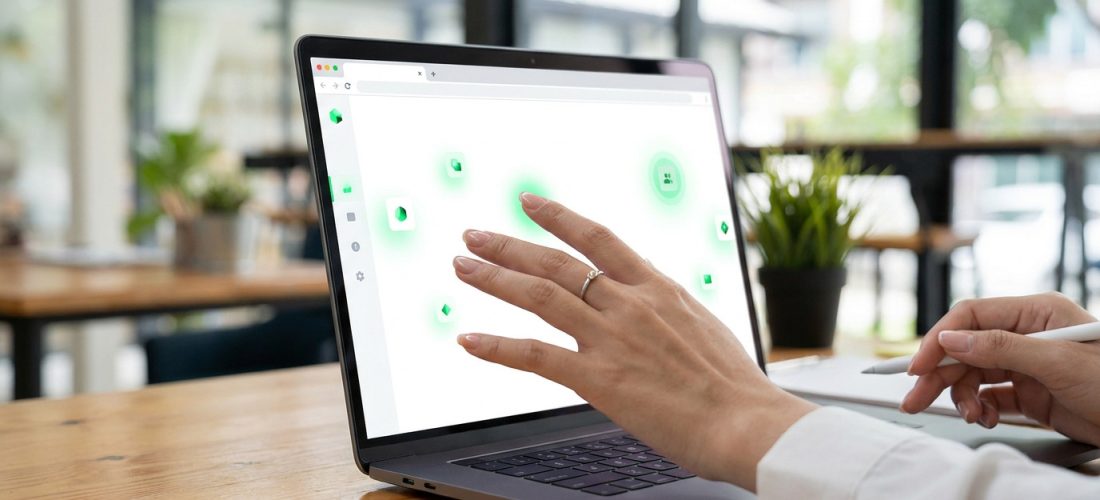 Une personne utilise un ordinateur portable avec une interface d'extension minimaliste à l'écran.