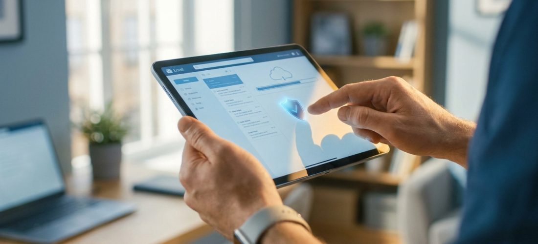 Personne utilisant une tablette pour sécuriser ses paramètres de messagerie email.